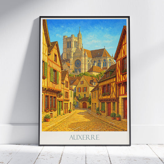 Auxerre France Travel Poster, Gothic Cathedral View ~ Charming Old Town Art Print | Vintage Style Wall Decor Gift