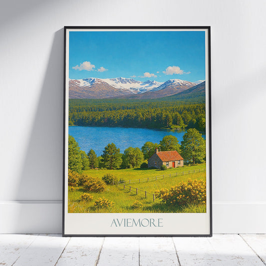 Aviemore Travel Poster, Scottish Highlands Art Print | Charming Cottage Lake & Mountain Landscape