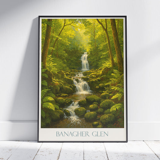 Banagher Glen Waterfall Poster | Ireland Nature Art Print | Lush Forest Home Decor | Sunlit Green Scenery