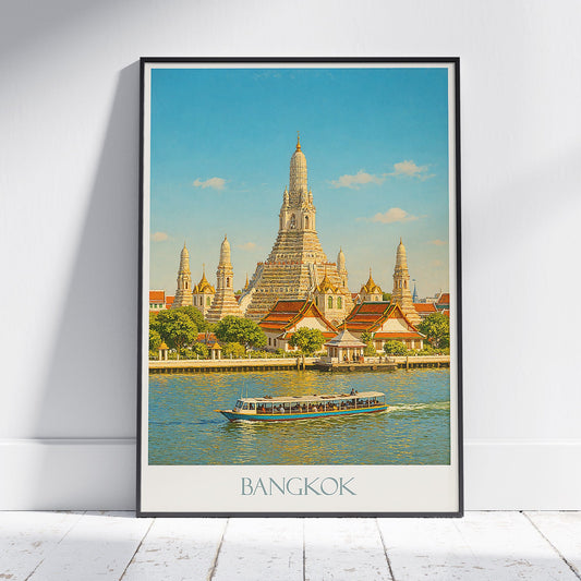 Bangkok Wat Arun Travel Poster | Thailand Temple Art Print | Chao Phraya River Wall Art | Southeast Asia Decor