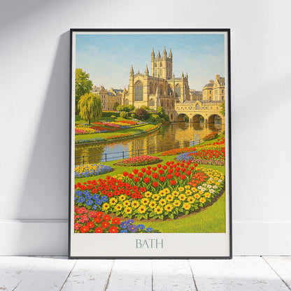 Bath Travel Poster, Georgian Street & Abbey ~ England Cityscape Art Print | UK Architectural Decor | Unique Vacation Gift