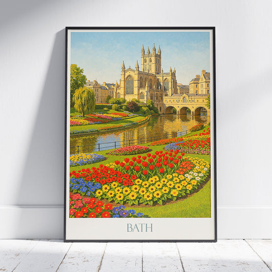 Bath Travel Poster, Georgian Street & Abbey ~ England Cityscape Art Print | UK Architectural Decor | Unique Vacation Gift