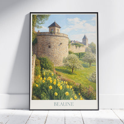 Beaune Burgundy Travel Poster: Medieval Ramparts and Spring Daffodils Art Print
