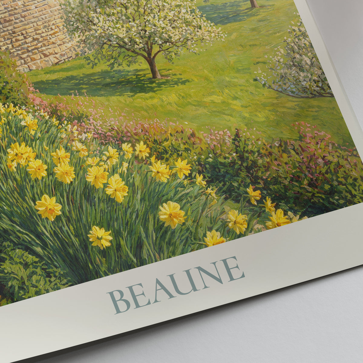 Beaune Burgundy Travel Poster: Medieval Ramparts and Spring Daffodils Art Print
