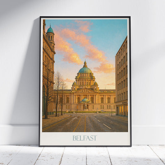 Belfast Travel Poster, City Hall Sunset Wall Art Print | Northern Ireland Home Decor | UK Vacation Gift