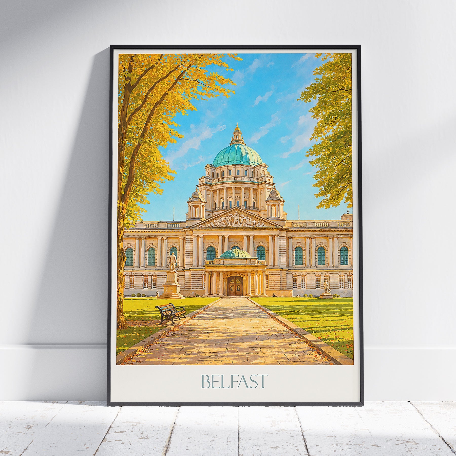 Belfast City Hall Travel Poster, Northern Ireland Autumn Art Print ~ Iconic UK Landmark Painting | Unique Wall Decor | Travel Gift