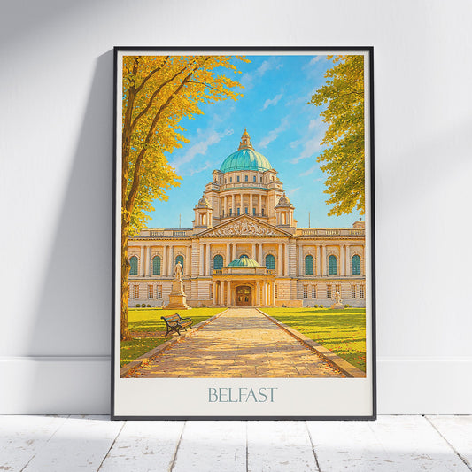 Belfast City Hall Travel Poster, Northern Ireland Autumn Art Print ~ Iconic UK Landmark Painting | Unique Wall Decor | Travel Gift