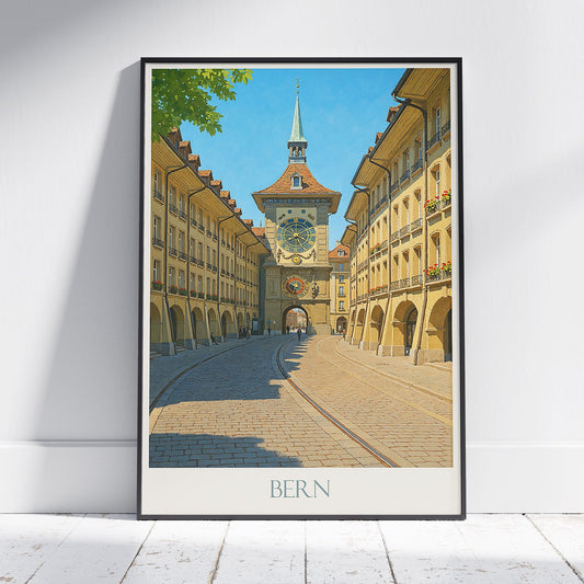 Bern Travel Poster, Historic Zytglogge Clock Tower | Switzerland City Art Print | UNESCO Old Town Wall Decor