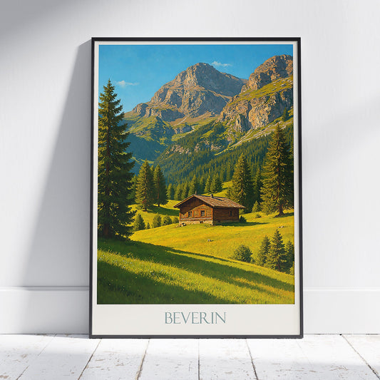 Beverin Swiss Alps Travel Poster | Rustic Mountain Cabin Art Print | Switzerland Alpine Landscape Wall Decor
