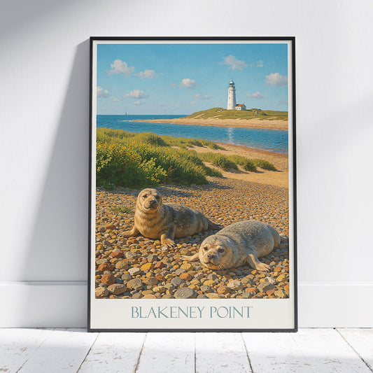 Blakeney Point Seals Poster | Norfolk Coast Lighthouse Art Print ~ England Wildlife & Nature Home Decor | Coastal Travel Gift