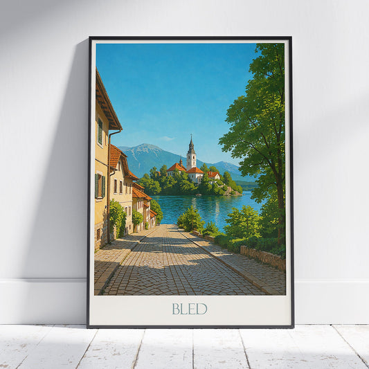 Bled Island Travel Poster, Lake Bled Church View ~ Slovenia Art Print | Vintage Style Wall Decor & European Gift