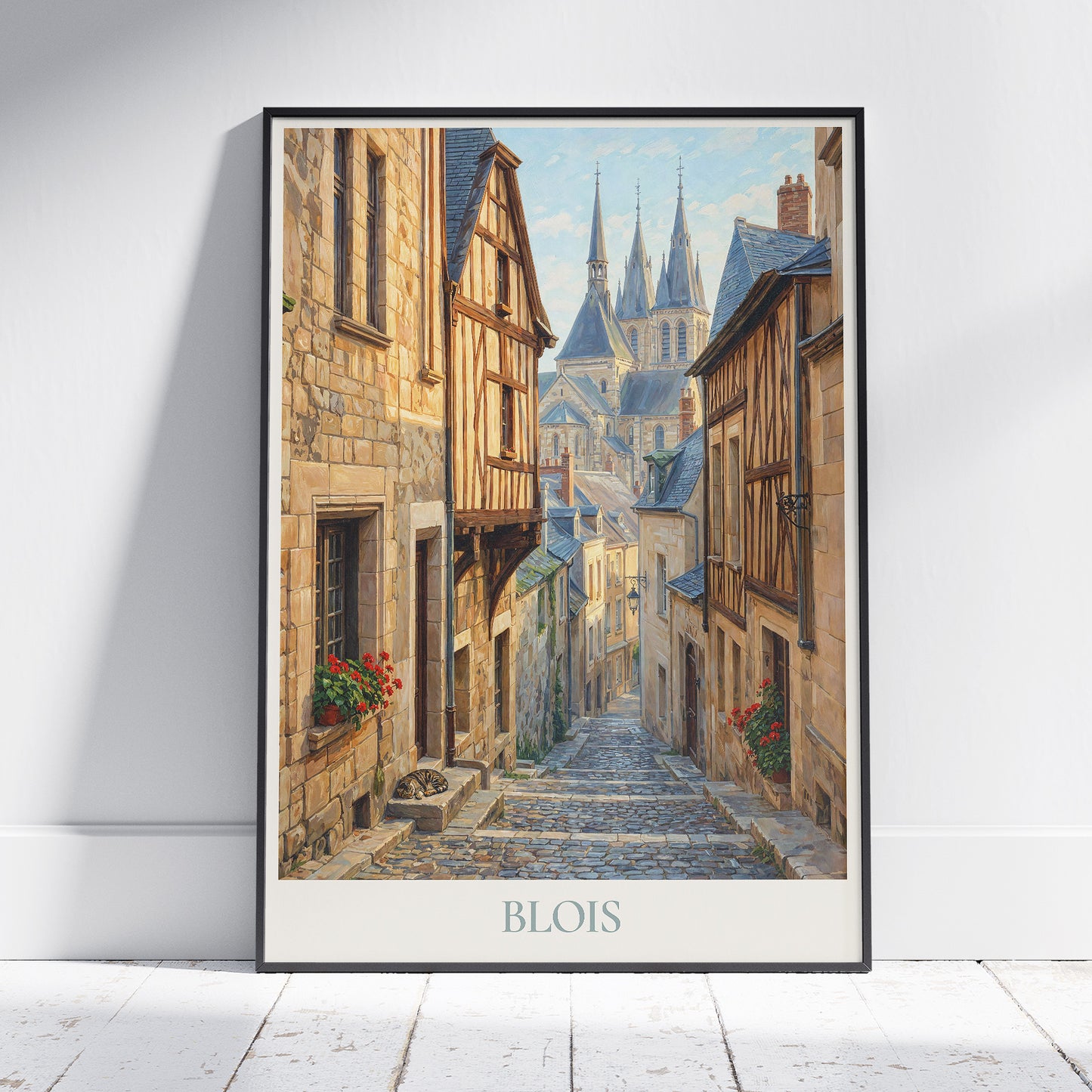 Blois Loire Valley Travel Poster: Old Town Stepped Street and Église Saint-Nicolas Art Print