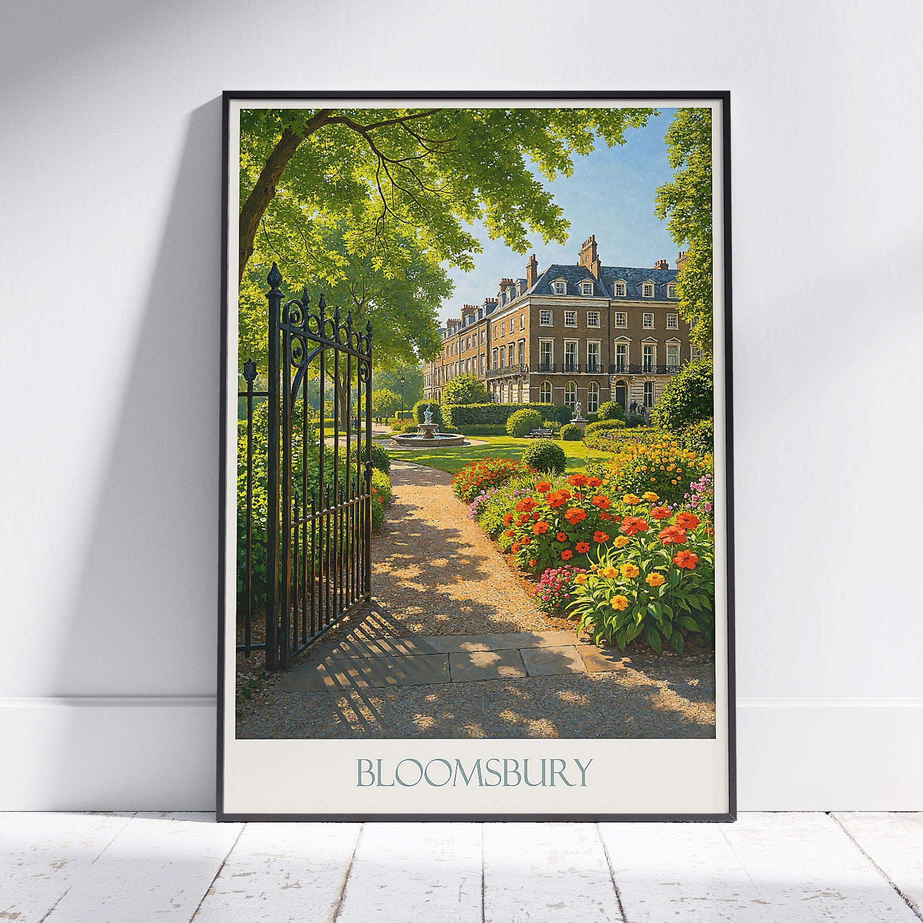 Bloomsbury London Travel Poster | Sunlit Garden Square Art Print | Elegant England Cityscape Decor