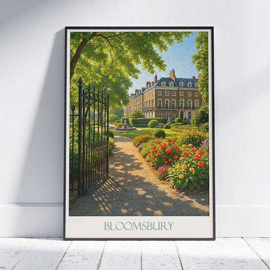 Bloomsbury London Travel Poster | Sunlit Garden Square Art Print | Elegant England Cityscape Decor