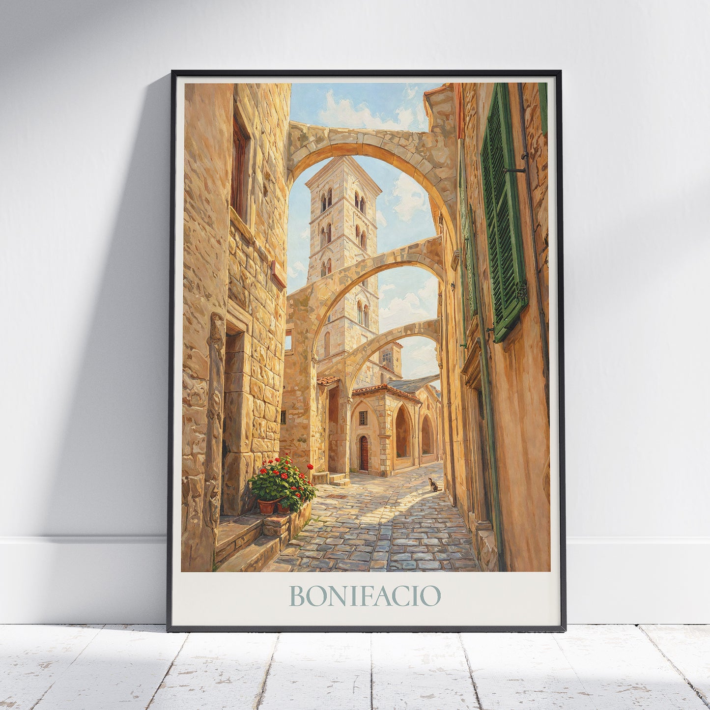 Bonifacio Corsica Travel Poster: Haute Ville Arched Street and Bell Tower Art Print