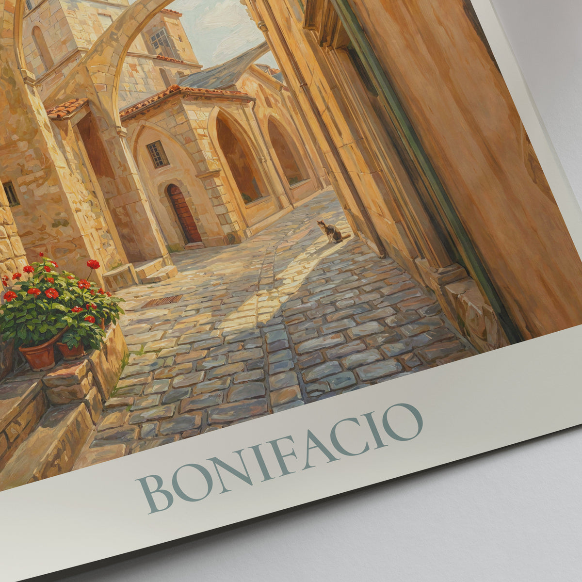 Bonifacio Corsica Travel Poster: Haute Ville Arched Street and Bell Tower Art Print