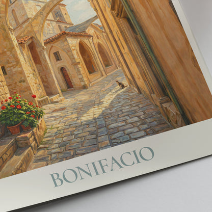Bonifacio Corsica Travel Poster: Haute Ville Arched Street and Bell Tower Art Print