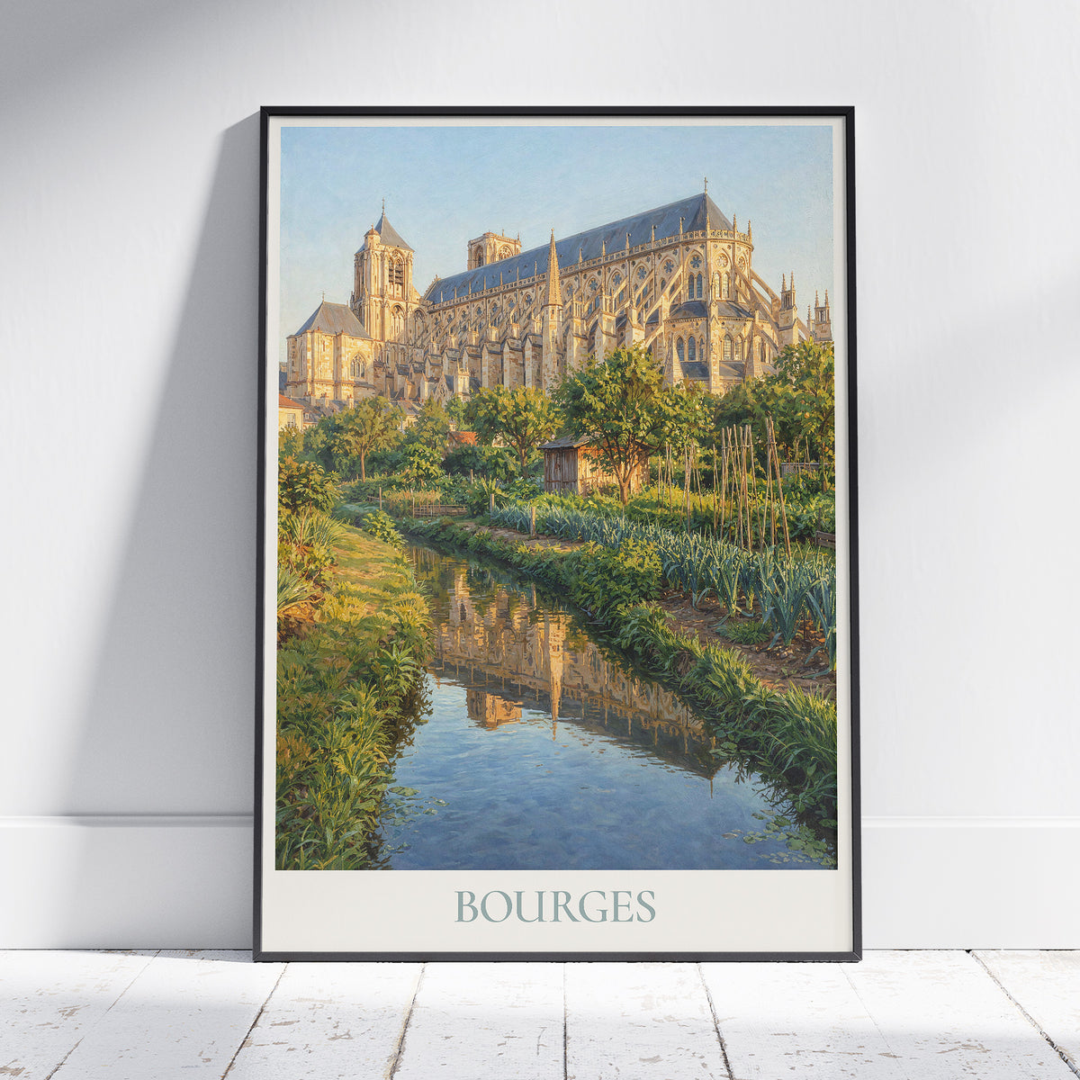 Bourges France Travel Poster: Cathédrale Saint-Étienne and Marais Gardens Art Print