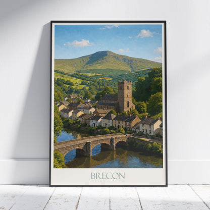 Brecon, Wales Travel Poster | Brecon Beacons Landscape Art Print | UK Village Scene Wall Decor | Historic Welsh Gift