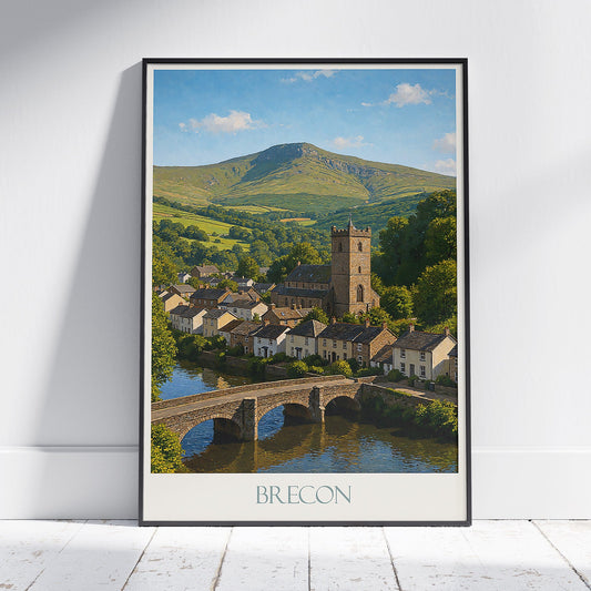 Brecon, Wales Travel Poster | Brecon Beacons Landscape Art Print | UK Village Scene Wall Decor | Historic Welsh Gift