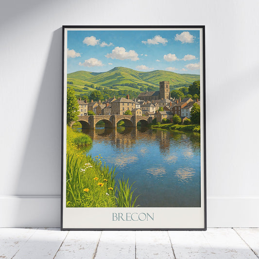 Brecon Travel Poster, Historic Welsh Town & River Usk | UK Countryside Art Print | Scenic Wall Decor