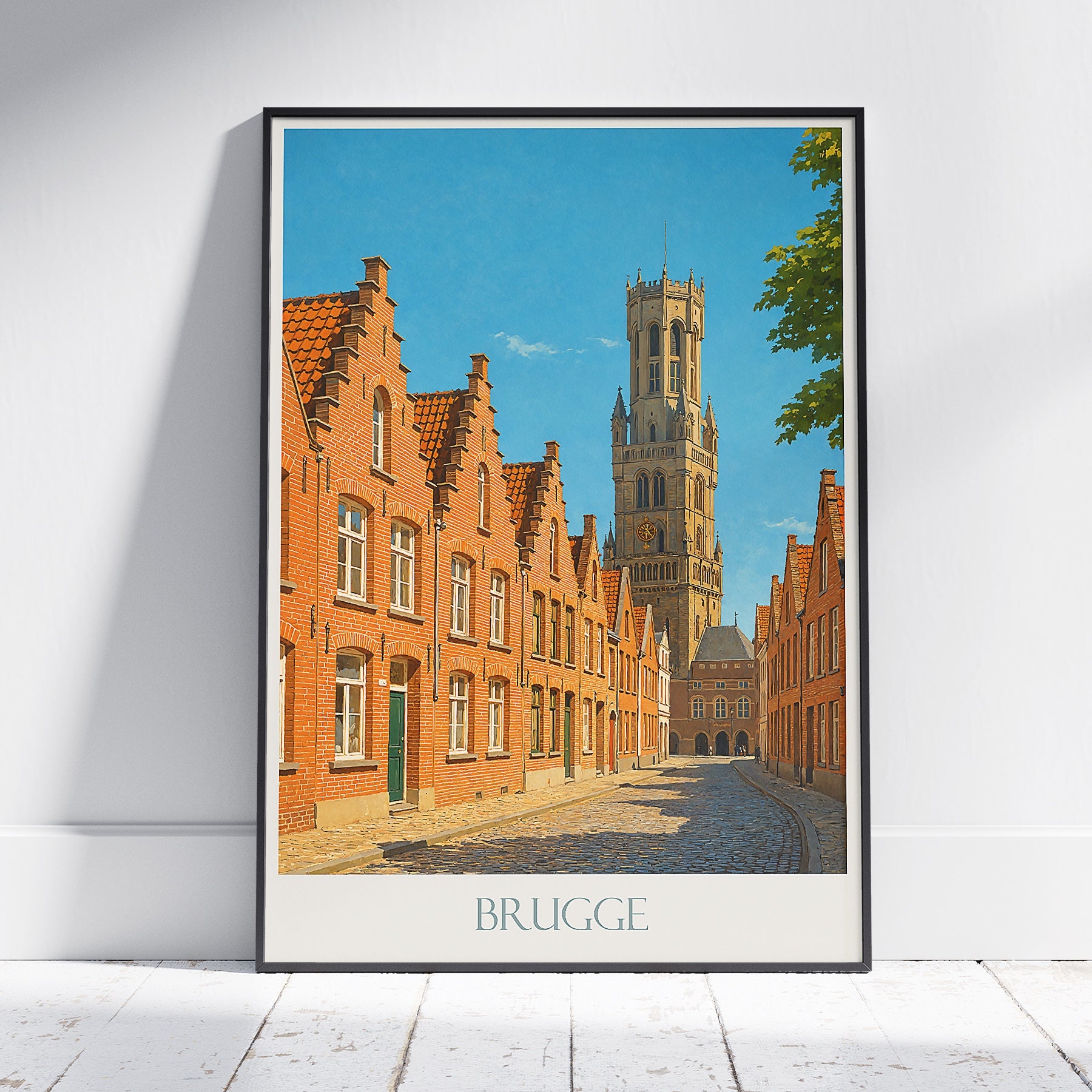 Bruges Travel Poster | Belgium Street Scene Art Print | Historic Belfry of Bruges Wall Art | European City Decor