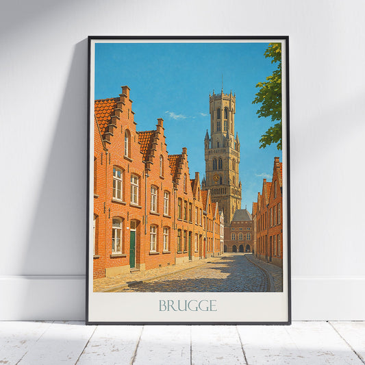 Bruges Travel Poster | Belgium Street Scene Art Print | Historic Belfry of Bruges Wall Art | European City Decor