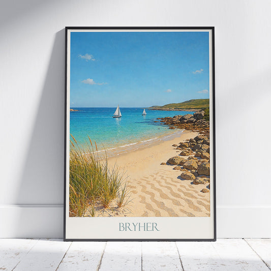 Bryher Travel Poster, Isles of Scilly Beach Art | Serene Coastal Wall Decor | Sailboat Print & Home Gift