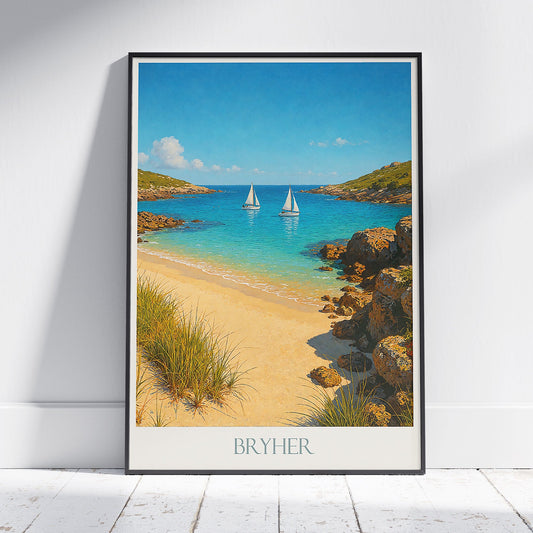 Bryher Travel Poster, Serene Bryher Shores Art Print | Isles of Scilly Beach Wall Decor | Coastal Home Gift