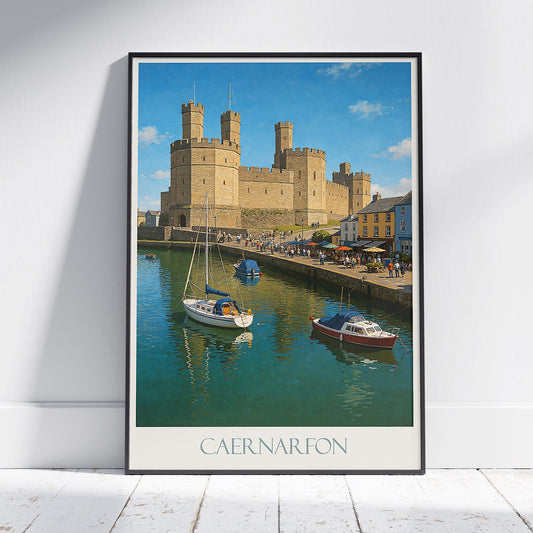 Caernarfon Castle Travel Poster, Wales Historic Landmark ~ Welsh Harbor Art Print & Home Decor | UK Travel Gift