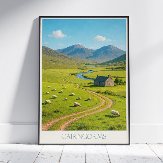 Cairngorms Travel Poster, Scotland Highlands Print | Scottish Landscape Wall Art | Rustic Cottage & Sheep Decor | Rural Home Gift