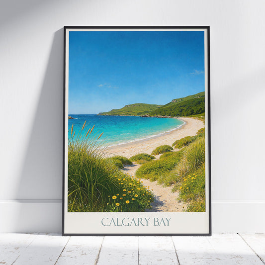 Calgary Bay Travel Poster, Isle of Mull Scotland ~ Serene Beach Art Print | Retro Coastal Home Decor