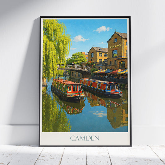 Camden Lock London Travel Poster | Regent's Canal Art Print | Colourful Narrowboats | Painterly UK Wall Art