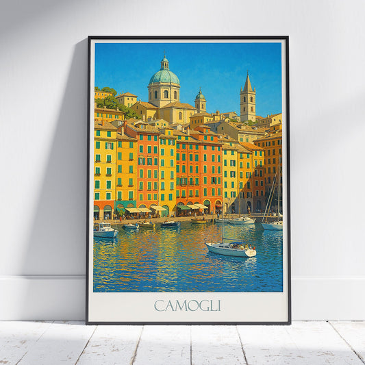 Camogli Travel Poster, Colorful Italian Seaside ~ Ligurian Coast Art Print | Riviera Wall Decor | Italy Coastal Gift
