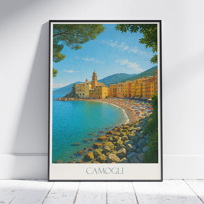 Camogli Travel Poster | Italian Riviera Art Print | Vibrant Coastal Village Wall Decor | Italy Beach Art