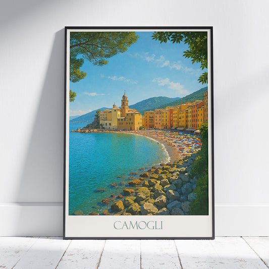 Camogli Travel Poster | Italian Riviera Art Print | Vibrant Coastal Village Wall Decor | Italy Beach Art