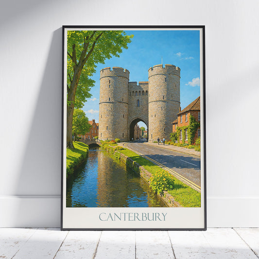 Canterbury Travel Poster, Westgate Towers Print ~ England Historic City Gate Wall Art | UK Travel Decor | Vintage Art Gift