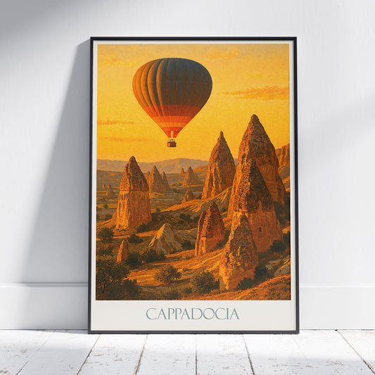 Cappadocia Travel Poster, Hot Air Balloon Sunrise Art Print ~ Turkey Landscape Wall Art | Unique Home Decor Gift