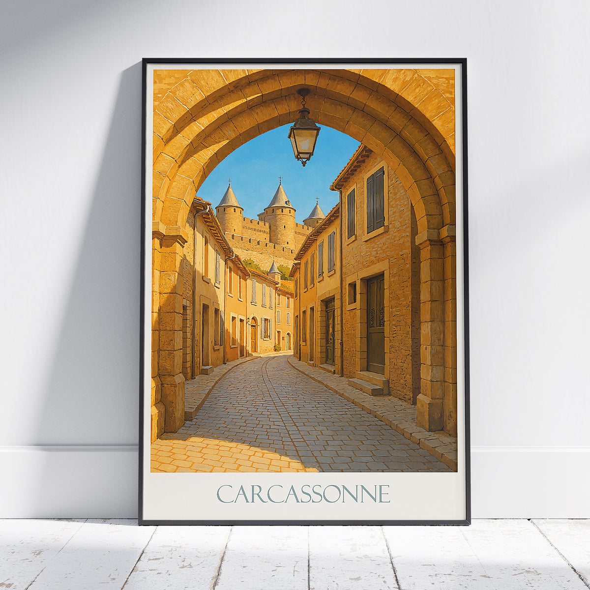 Carcassonne Occitanie Travel Poster: Cité de Carcassonne Medieval Street and Gatehouse Art Print