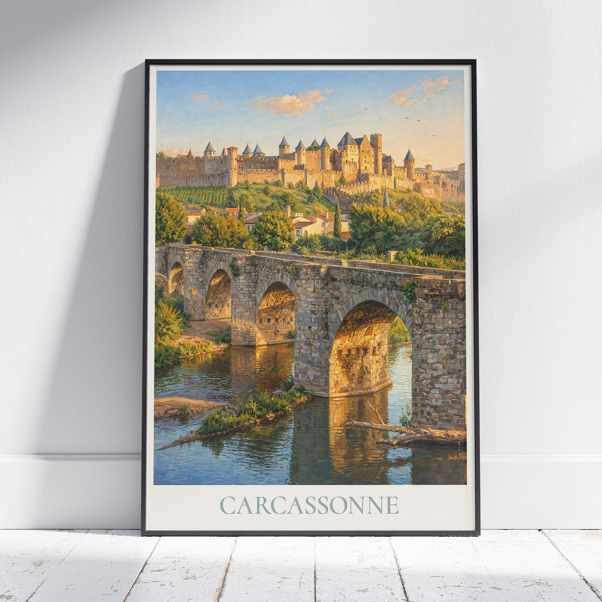 Carcassonne Occitanie Travel Poster: Cité de Carcassonne & Pont Vieux Painted Art Print