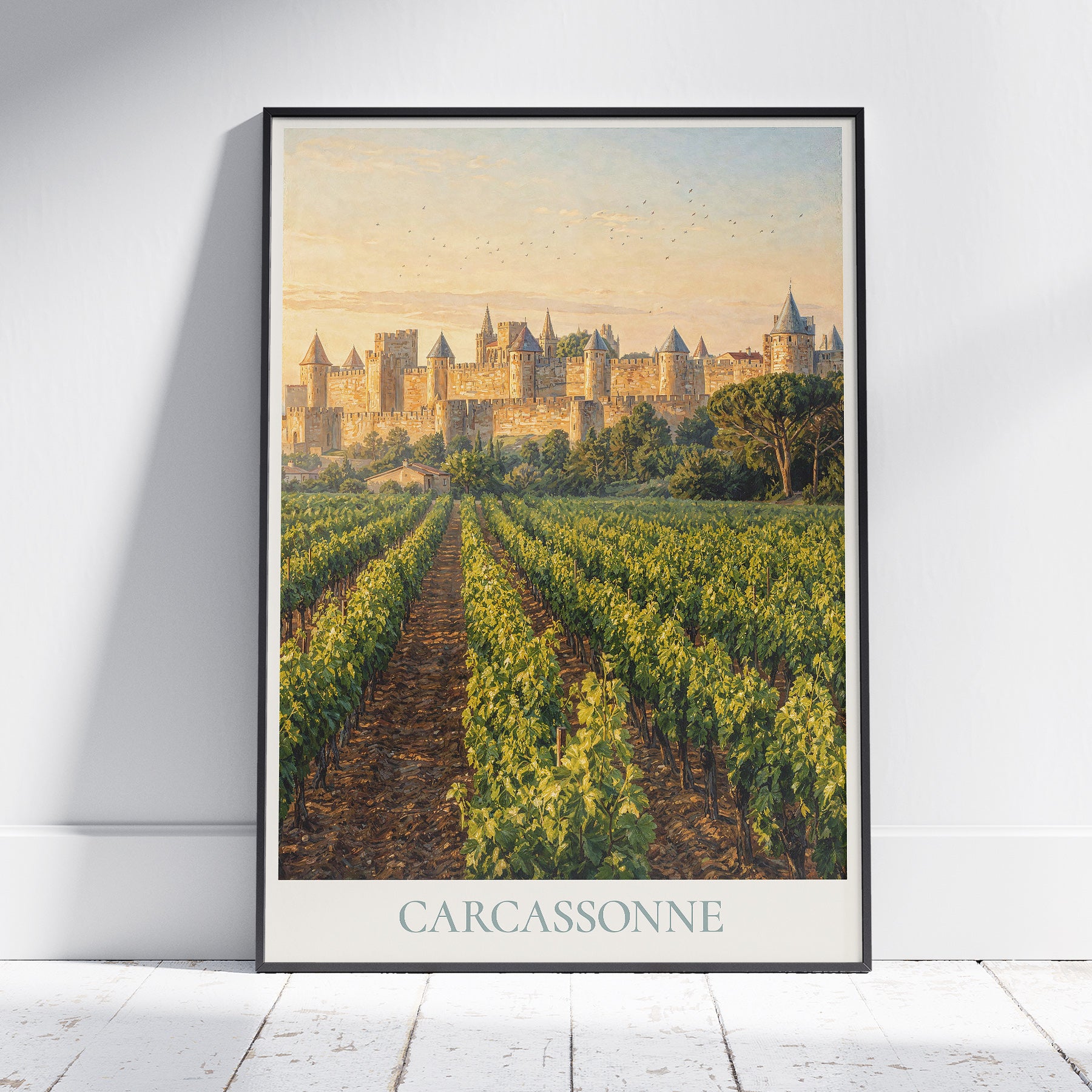 Carcassonne France Travel Poster: Cité de Carcassonne and Vineyards Art Print