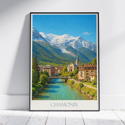 Chamonix Travel Poster, Mont Blanc View | French Alps Art Print | Mountain Village Wall Decor Gift