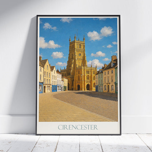 Cirencester Travel Poster, St. John Baptist Church Townscape | Cotswolds England Art Print & Home Decor | UK Destination Gift