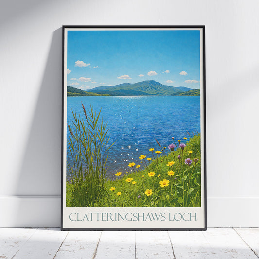 Clatteringshaws Loch Scotland Travel Poster | Vibrant Lake Art Print | Scottish Landscape Wall Decor