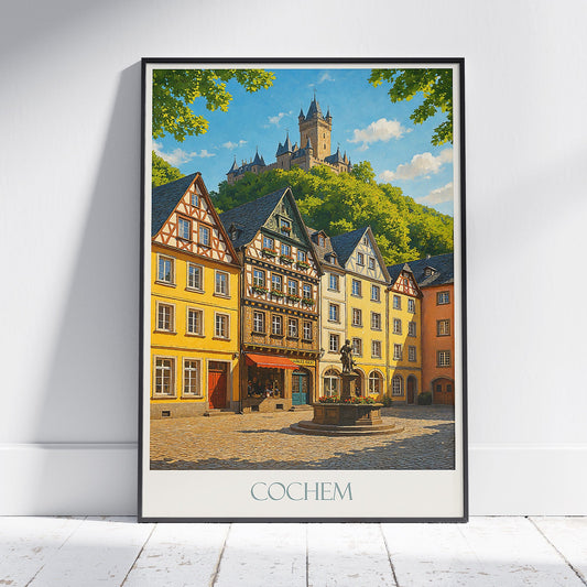 Cochem Travel Poster, Germany | Half-Timbered Town & Castle Painted Art Print | Mosel Valley Wall Decor | Historic European Gift