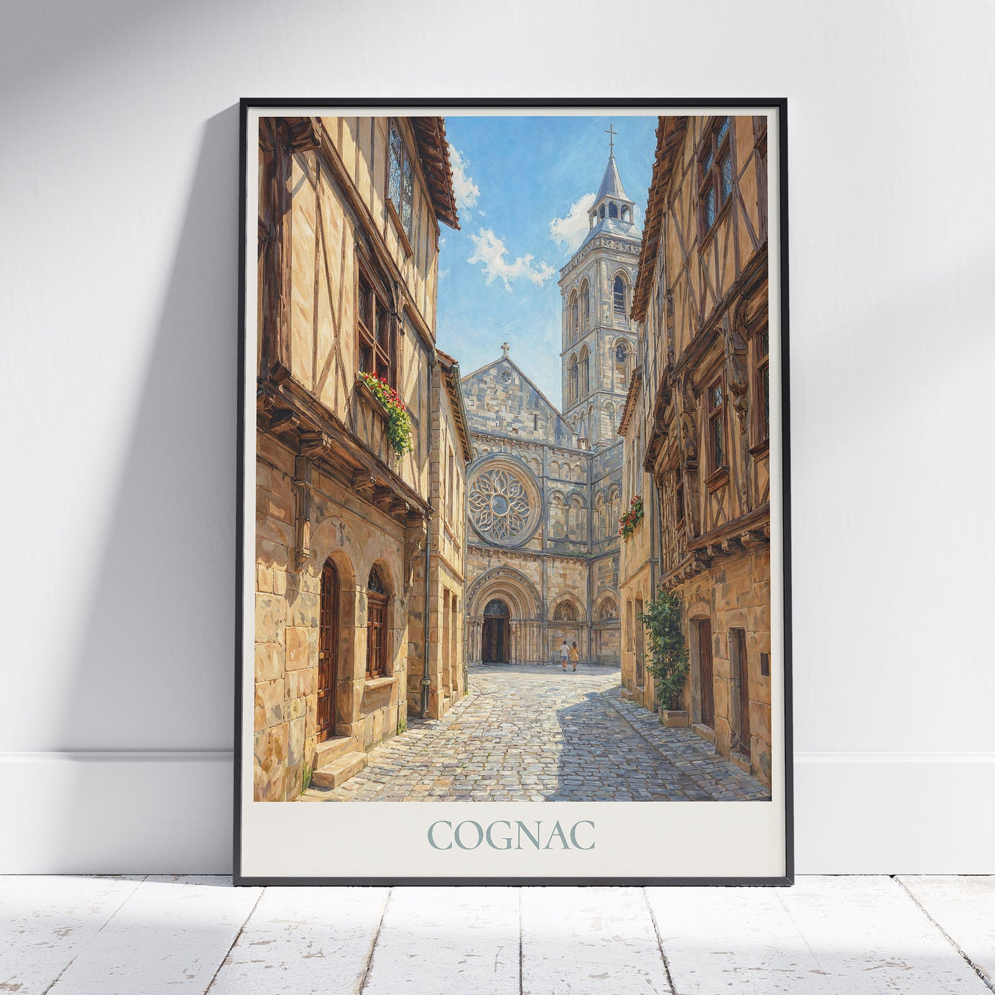 Cognac Charente Travel Poster: Saint-Léger Church and Old Town Cobbled Street Art Print