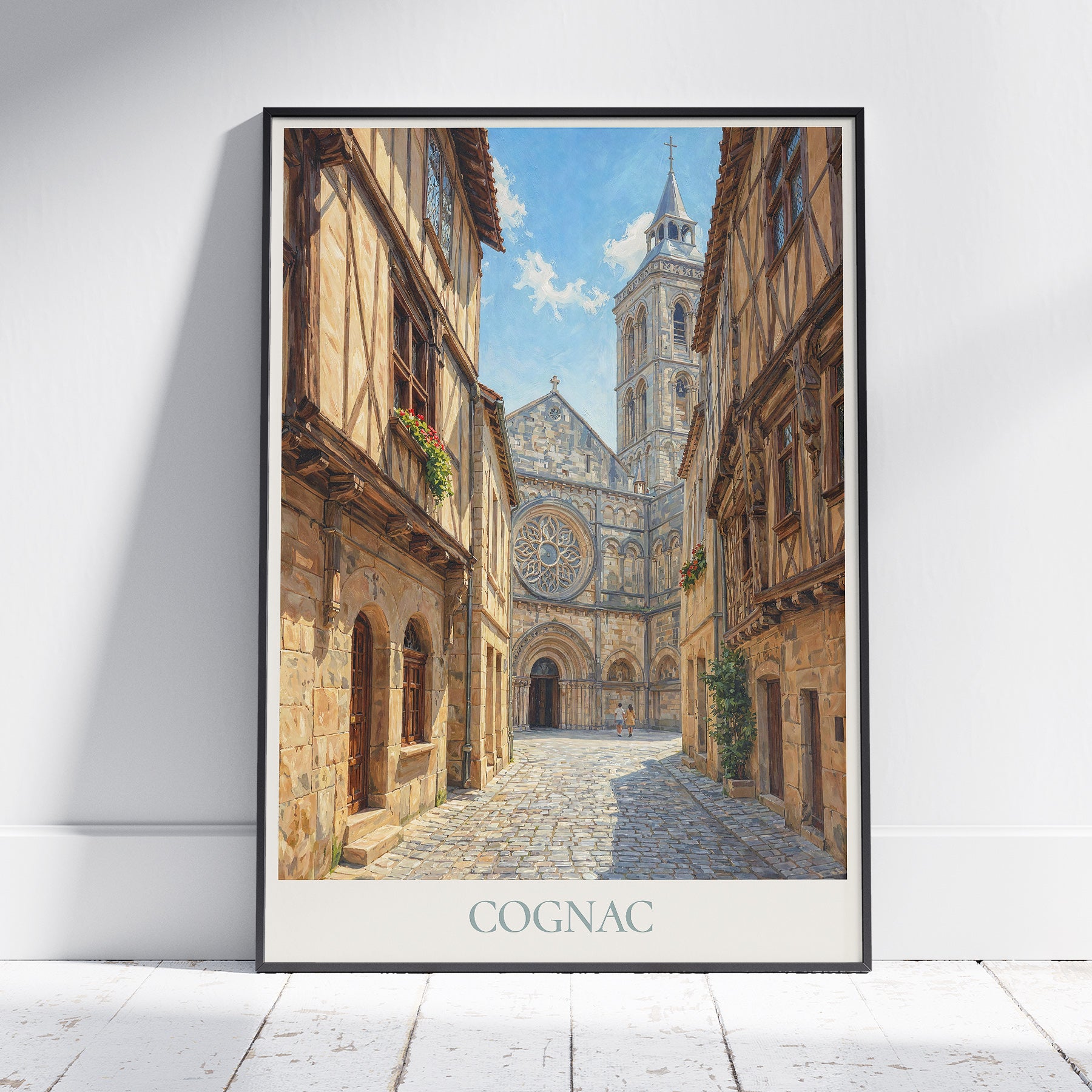 Cognac Charente Travel Poster: Saint-Léger Church and Old Town Cobbled Street Art Print