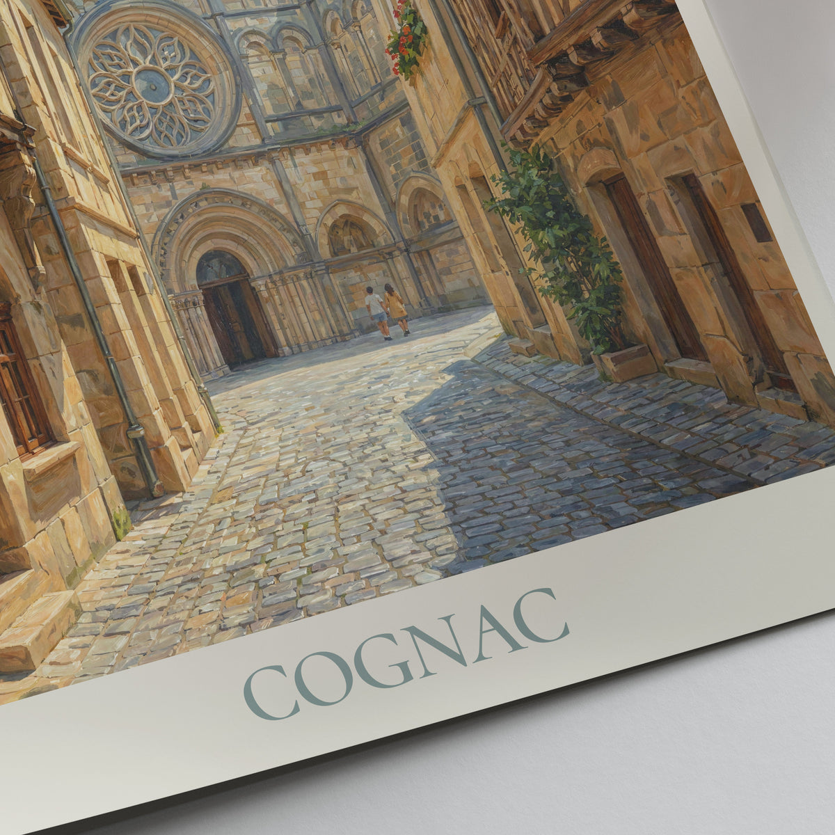 Cognac Charente Travel Poster: Saint-Léger Church and Old Town Cobbled Street Art Print