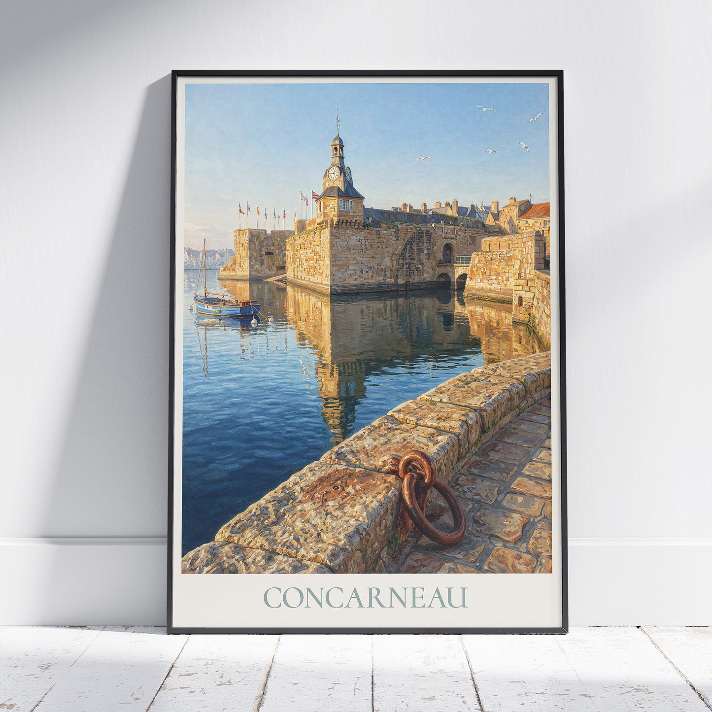 Concarneau Brittany Travel Poster: Ville Close and Clock Tower Art Print