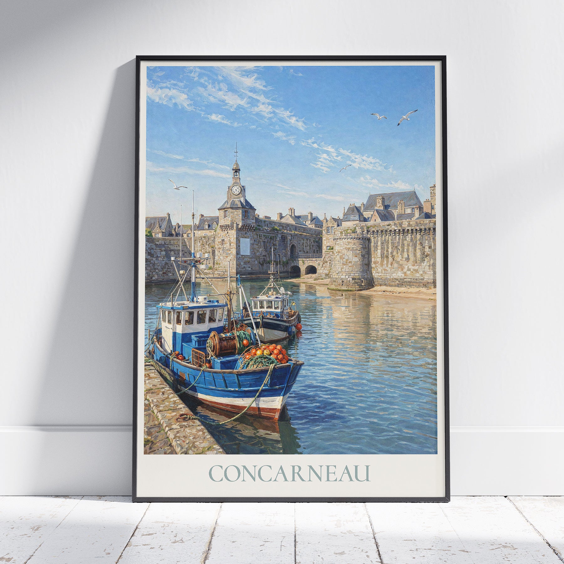 Concarneau Brittany Travel Poster: Ville Close and Fishing Boats Art Print